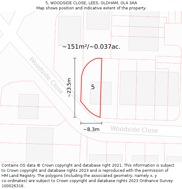 5, WOODSIDE CLOSE, LEES, OLDHAM, OL4 3AA: Plot and title map