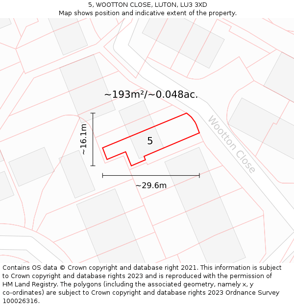 5, WOOTTON CLOSE, LUTON, LU3 3XD: Plot and title map