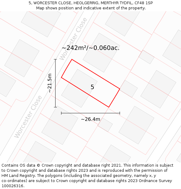 5, WORCESTER CLOSE, HEOLGERRIG, MERTHYR TYDFIL, CF48 1SP: Plot and title map