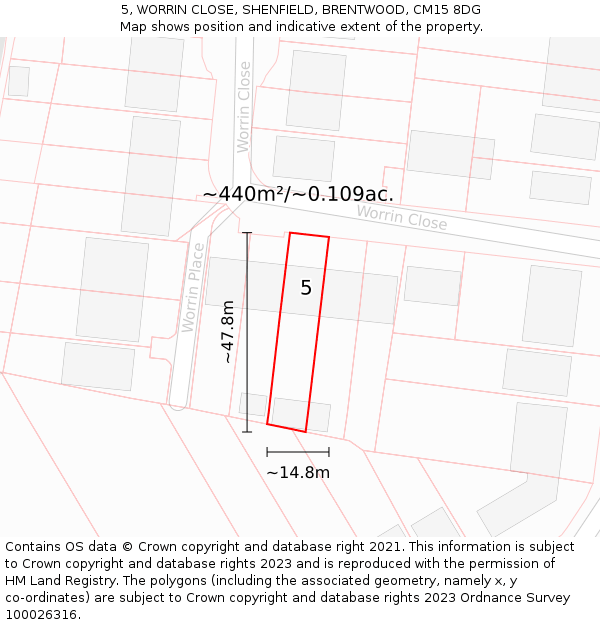 5, WORRIN CLOSE, SHENFIELD, BRENTWOOD, CM15 8DG: Plot and title map
