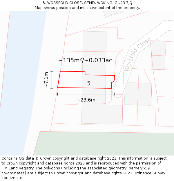 5, WORSFOLD CLOSE, SEND, WOKING, GU23 7JQ: Plot and title map
