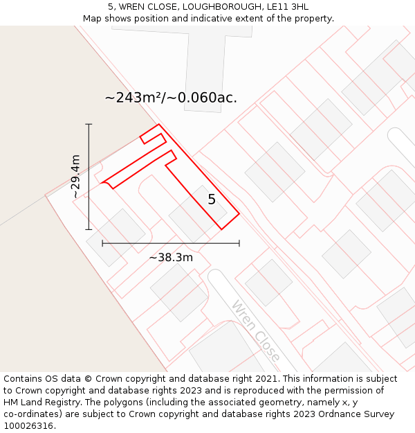 5, WREN CLOSE, LOUGHBOROUGH, LE11 3HL: Plot and title map