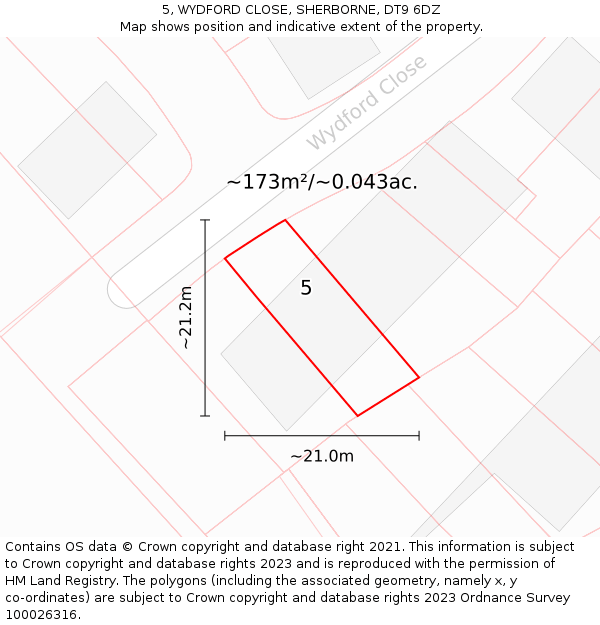 5, WYDFORD CLOSE, SHERBORNE, DT9 6DZ: Plot and title map
