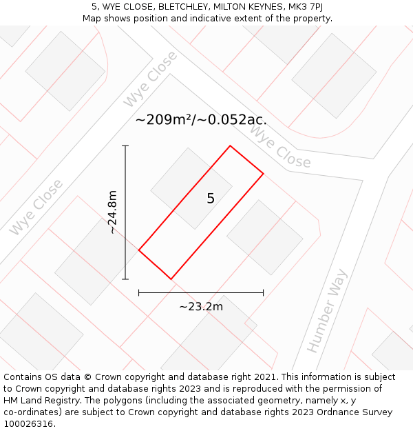 5, WYE CLOSE, BLETCHLEY, MILTON KEYNES, MK3 7PJ: Plot and title map