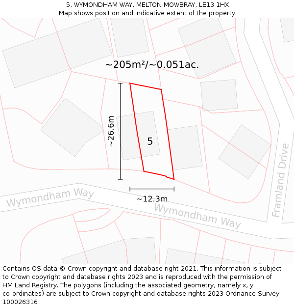 5, WYMONDHAM WAY, MELTON MOWBRAY, LE13 1HX: Plot and title map