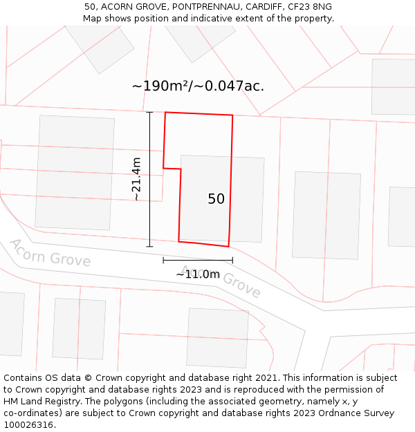 50, ACORN GROVE, PONTPRENNAU, CARDIFF, CF23 8NG: Plot and title map