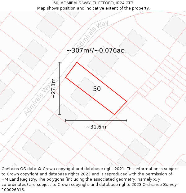 50, ADMIRALS WAY, THETFORD, IP24 2TB: Plot and title map