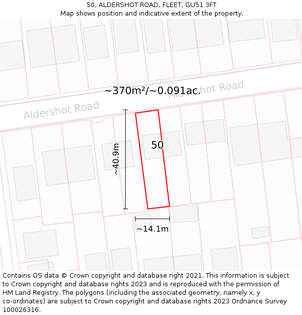 50, ALDERSHOT ROAD, FLEET, GU51 3FT: Plot and title map