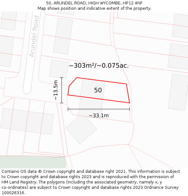 50, ARUNDEL ROAD, HIGH WYCOMBE, HP12 4NF: Plot and title map