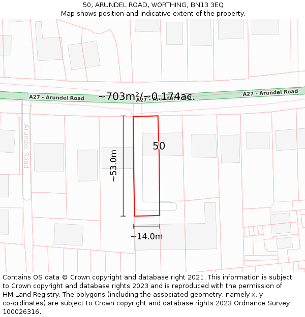 50, ARUNDEL ROAD, WORTHING, BN13 3EQ: Plot and title map