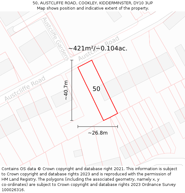 50, AUSTCLIFFE ROAD, COOKLEY, KIDDERMINSTER, DY10 3UP: Plot and title map