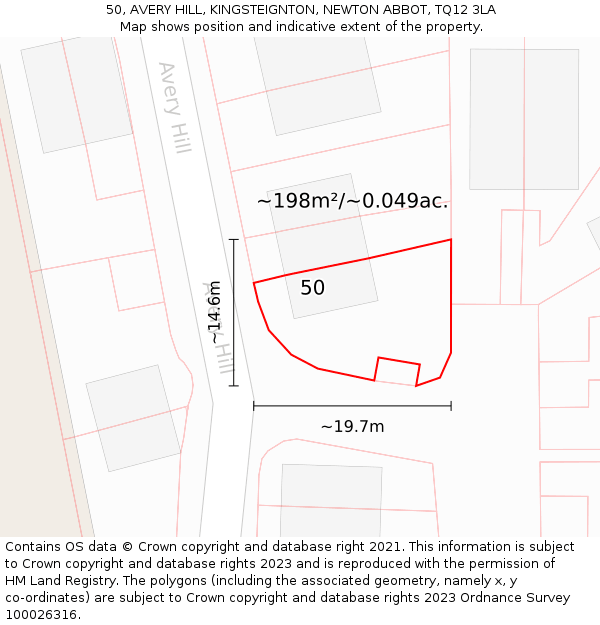 50, AVERY HILL, KINGSTEIGNTON, NEWTON ABBOT, TQ12 3LA: Plot and title map