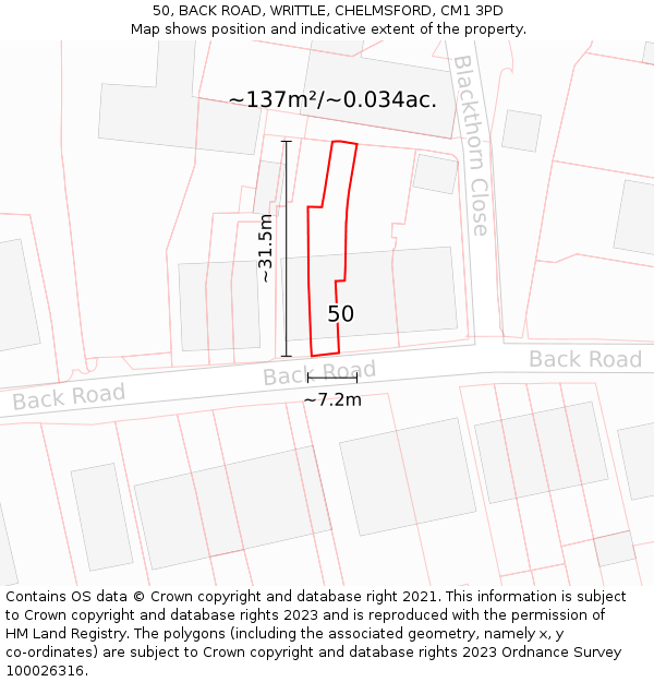 50, BACK ROAD, WRITTLE, CHELMSFORD, CM1 3PD: Plot and title map