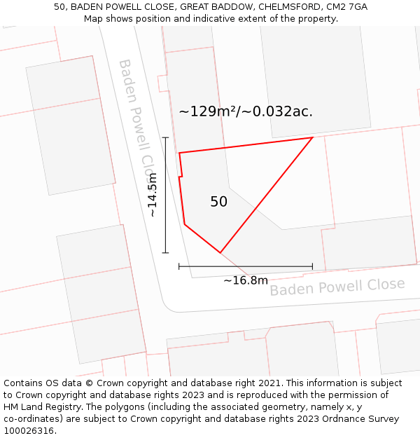 50, BADEN POWELL CLOSE, GREAT BADDOW, CHELMSFORD, CM2 7GA: Plot and title map