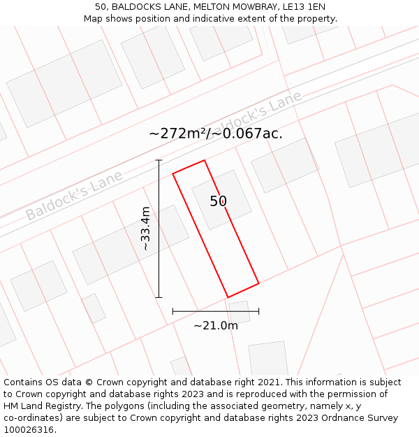 50, BALDOCKS LANE, MELTON MOWBRAY, LE13 1EN: Plot and title map