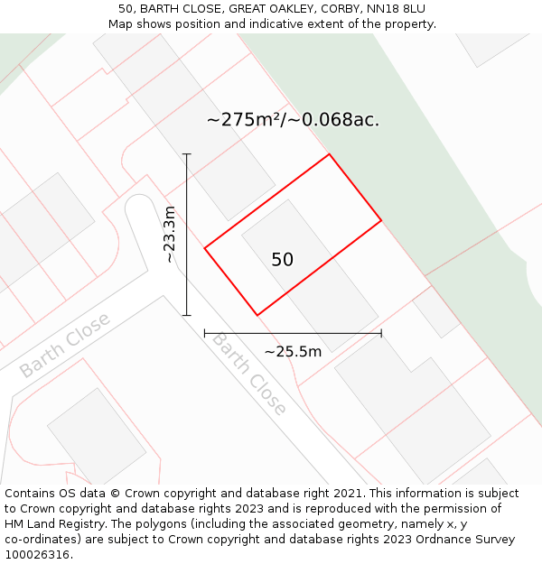 50, BARTH CLOSE, GREAT OAKLEY, CORBY, NN18 8LU: Plot and title map