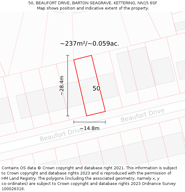 50, BEAUFORT DRIVE, BARTON SEAGRAVE, KETTERING, NN15 6SF: Plot and title map