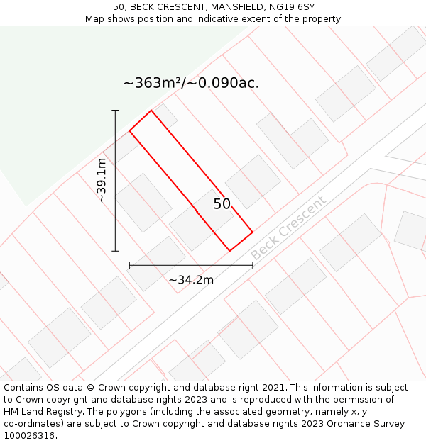 50, BECK CRESCENT, MANSFIELD, NG19 6SY: Plot and title map
