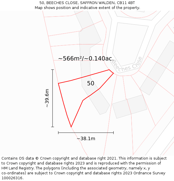 50, BEECHES CLOSE, SAFFRON WALDEN, CB11 4BT: Plot and title map