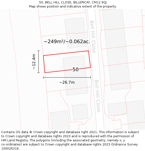50, BELL HILL CLOSE, BILLERICAY, CM12 9QJ: Plot and title map