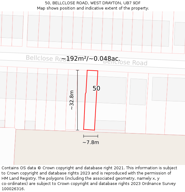 50, BELLCLOSE ROAD, WEST DRAYTON, UB7 9DF: Plot and title map