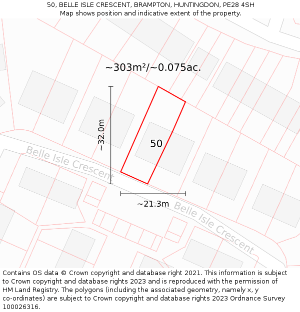 50, BELLE ISLE CRESCENT, BRAMPTON, HUNTINGDON, PE28 4SH: Plot and title map