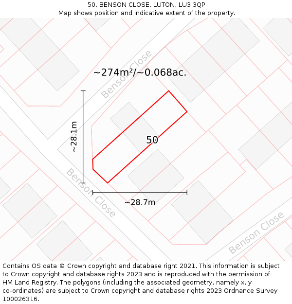 50, BENSON CLOSE, LUTON, LU3 3QP: Plot and title map