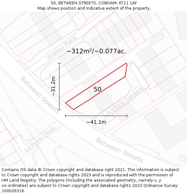 50, BETWEEN STREETS, COBHAM, KT11 1AF: Plot and title map