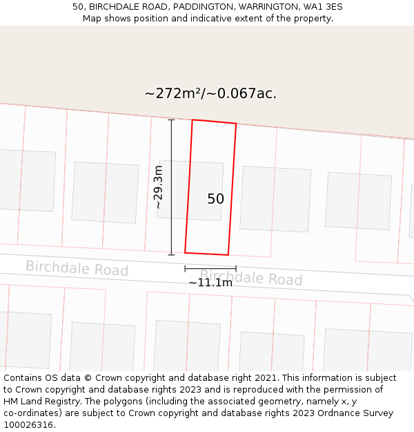 50, BIRCHDALE ROAD, PADDINGTON, WARRINGTON, WA1 3ES: Plot and title map