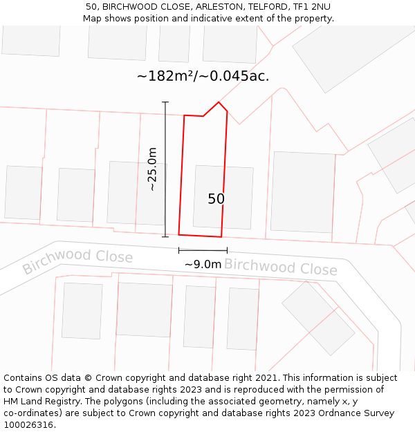 50, BIRCHWOOD CLOSE, ARLESTON, TELFORD, TF1 2NU: Plot and title map