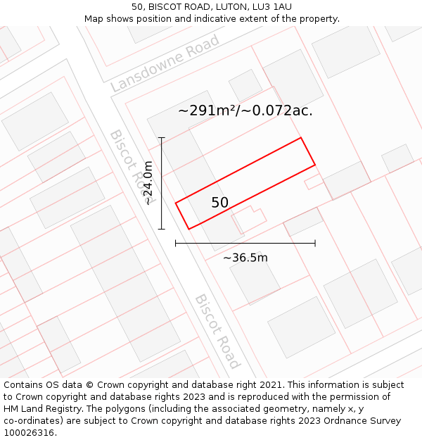 50, BISCOT ROAD, LUTON, LU3 1AU: Plot and title map