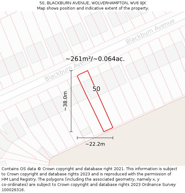 50, BLACKBURN AVENUE, WOLVERHAMPTON, WV6 9JX: Plot and title map