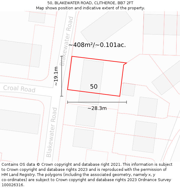 50, BLAKEWATER ROAD, CLITHEROE, BB7 2FT: Plot and title map