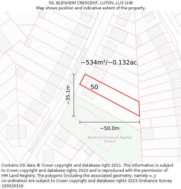 50, BLENHEIM CRESCENT, LUTON, LU3 1HB: Plot and title map