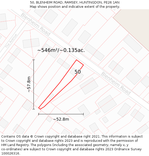 50, BLENHEIM ROAD, RAMSEY, HUNTINGDON, PE26 1AN: Plot and title map