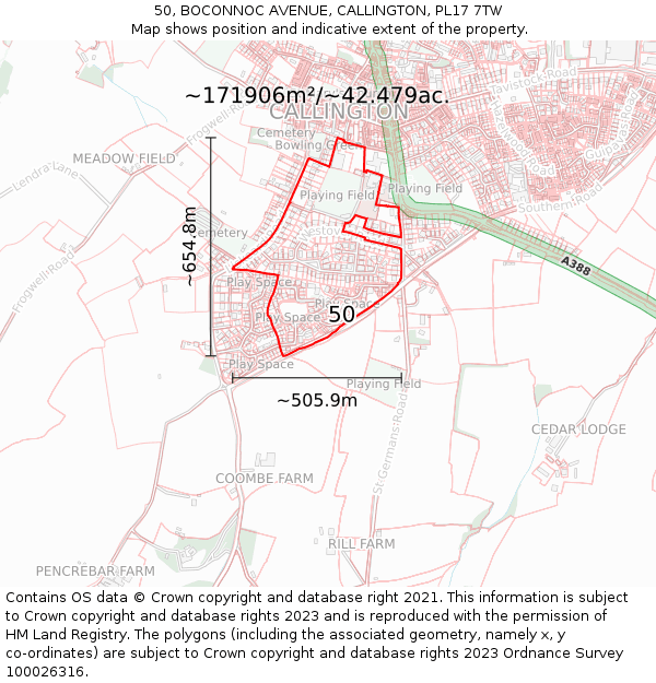 50, BOCONNOC AVENUE, CALLINGTON, PL17 7TW: Plot and title map