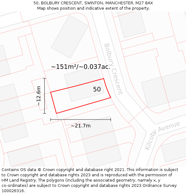 50, BOLBURY CRESCENT, SWINTON, MANCHESTER, M27 8AX: Plot and title map