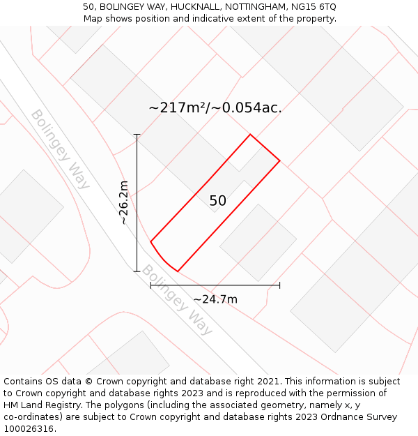 50, BOLINGEY WAY, HUCKNALL, NOTTINGHAM, NG15 6TQ: Plot and title map