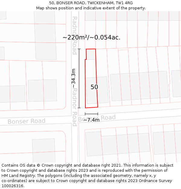 50, BONSER ROAD, TWICKENHAM, TW1 4RG: Plot and title map