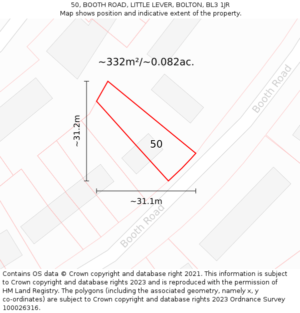50, BOOTH ROAD, LITTLE LEVER, BOLTON, BL3 1JR: Plot and title map
