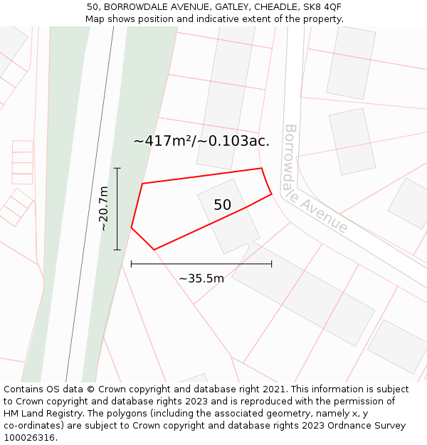 50, BORROWDALE AVENUE, GATLEY, CHEADLE, SK8 4QF: Plot and title map