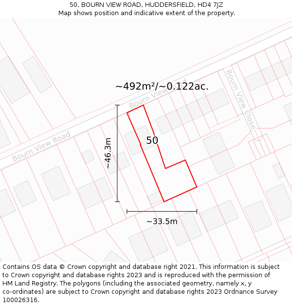 50, BOURN VIEW ROAD, HUDDERSFIELD, HD4 7JZ: Plot and title map