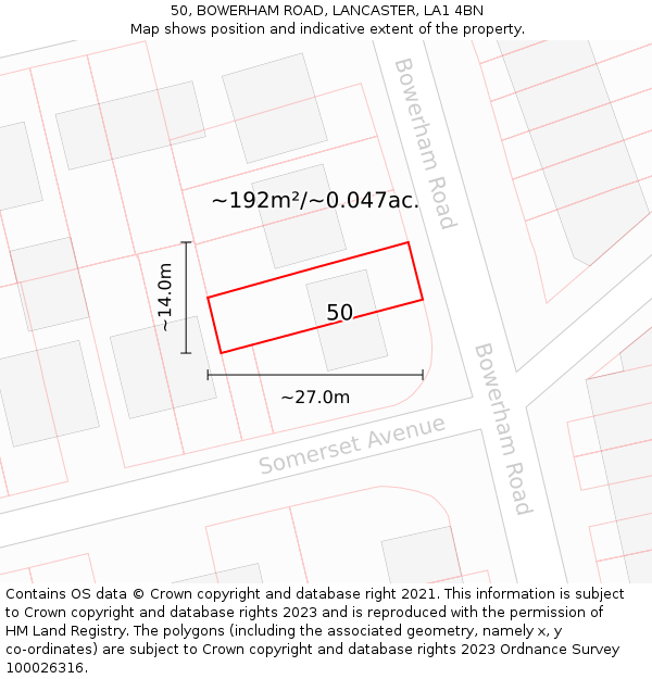 50, BOWERHAM ROAD, LANCASTER, LA1 4BN: Plot and title map