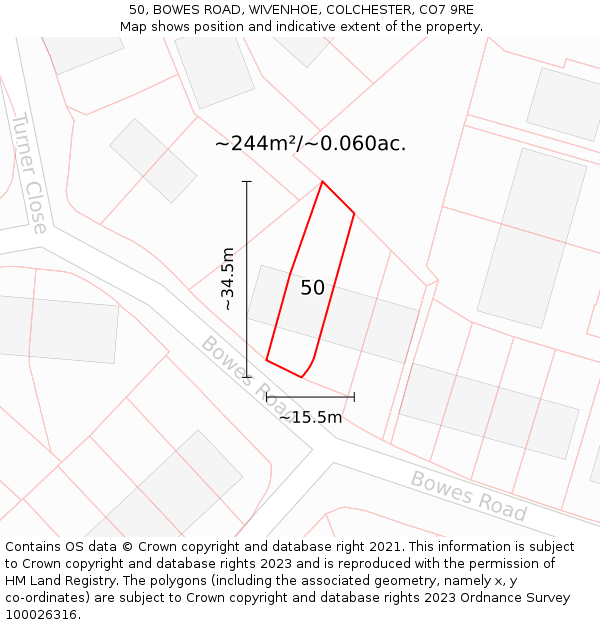 50, BOWES ROAD, WIVENHOE, COLCHESTER, CO7 9RE: Plot and title map
