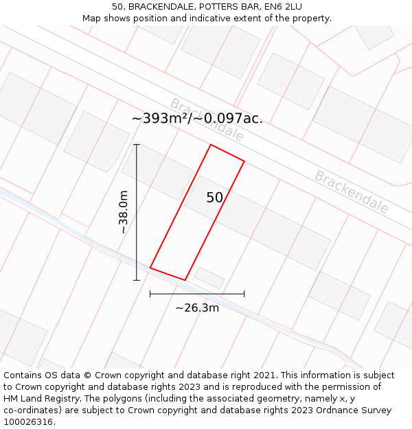 50, BRACKENDALE, POTTERS BAR, EN6 2LU: Plot and title map