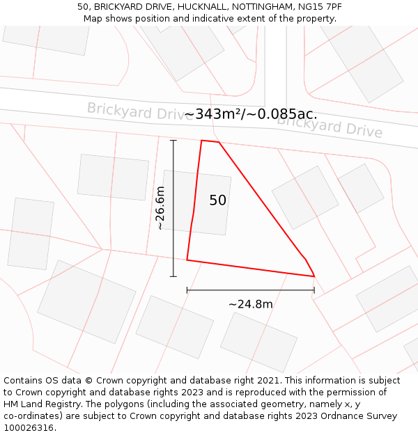 50, BRICKYARD DRIVE, HUCKNALL, NOTTINGHAM, NG15 7PF: Plot and title map