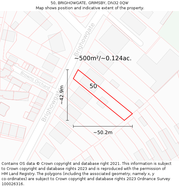 50, BRIGHOWGATE, GRIMSBY, DN32 0QW: Plot and title map