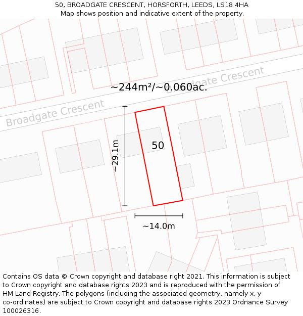 50, BROADGATE CRESCENT, HORSFORTH, LEEDS, LS18 4HA: Plot and title map