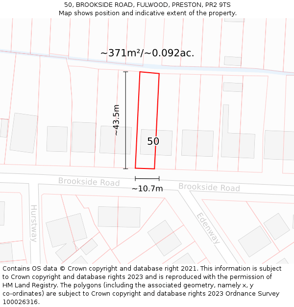 50, BROOKSIDE ROAD, FULWOOD, PRESTON, PR2 9TS: Plot and title map