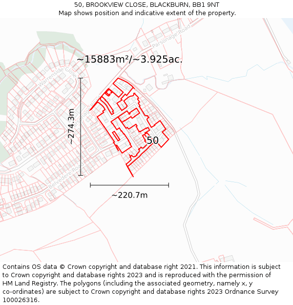 50, BROOKVIEW CLOSE, BLACKBURN, BB1 9NT: Plot and title map
